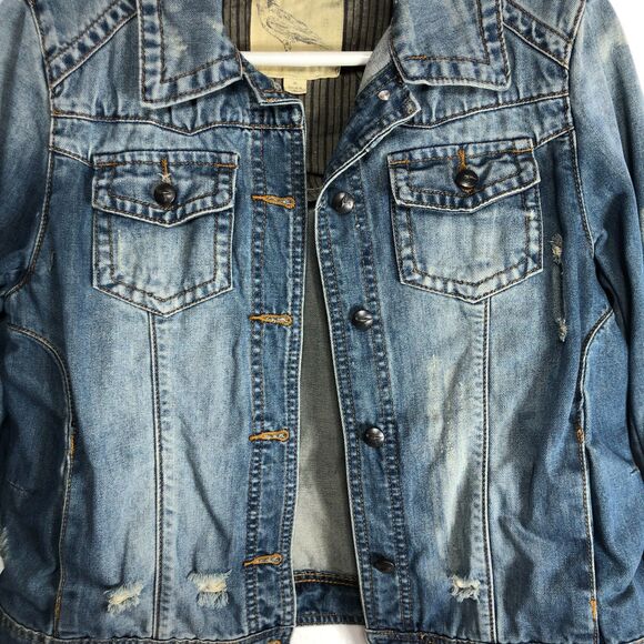 White Crow Distressed Denim Jean Jacket Fade Stars Stripes Womens Size Medium - Picture 11 of 13